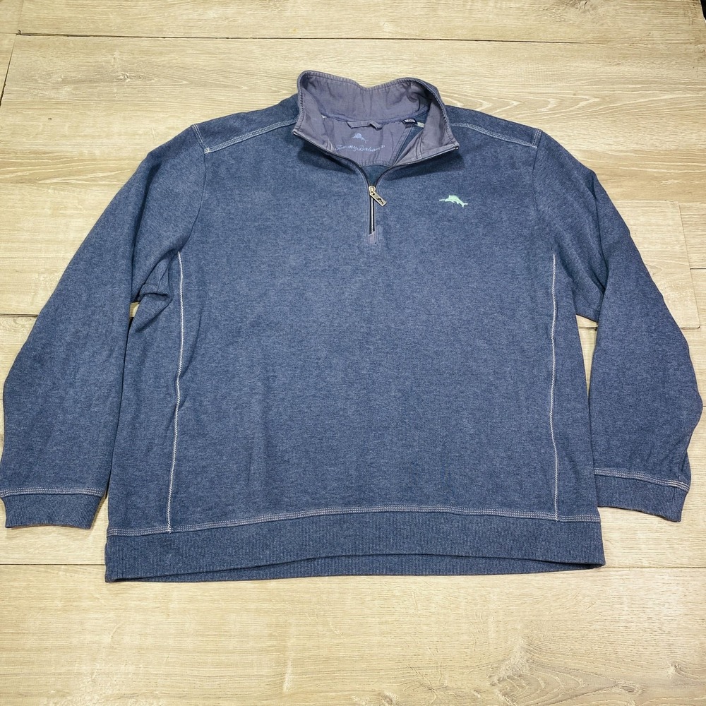 Tommy Bahama Sweatshirt Mens‎ 3XL Blue Quarter Zip Cotton Pullover Logo Casual